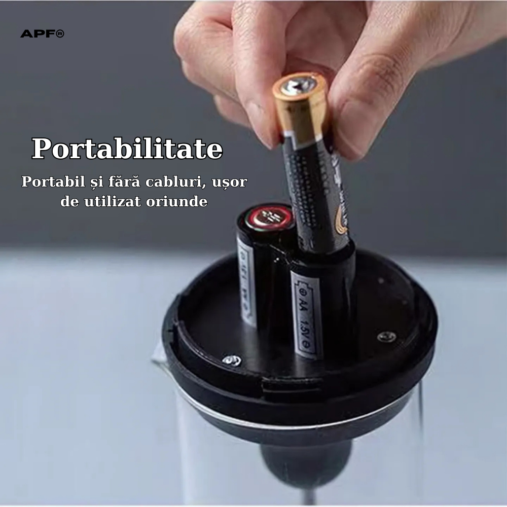 Spumator Electric de Lapte și Cafea APF® – Mixer Portabil, 450ml, Pahar din Sticlă Borosilicată, Alimentare pe Baterii