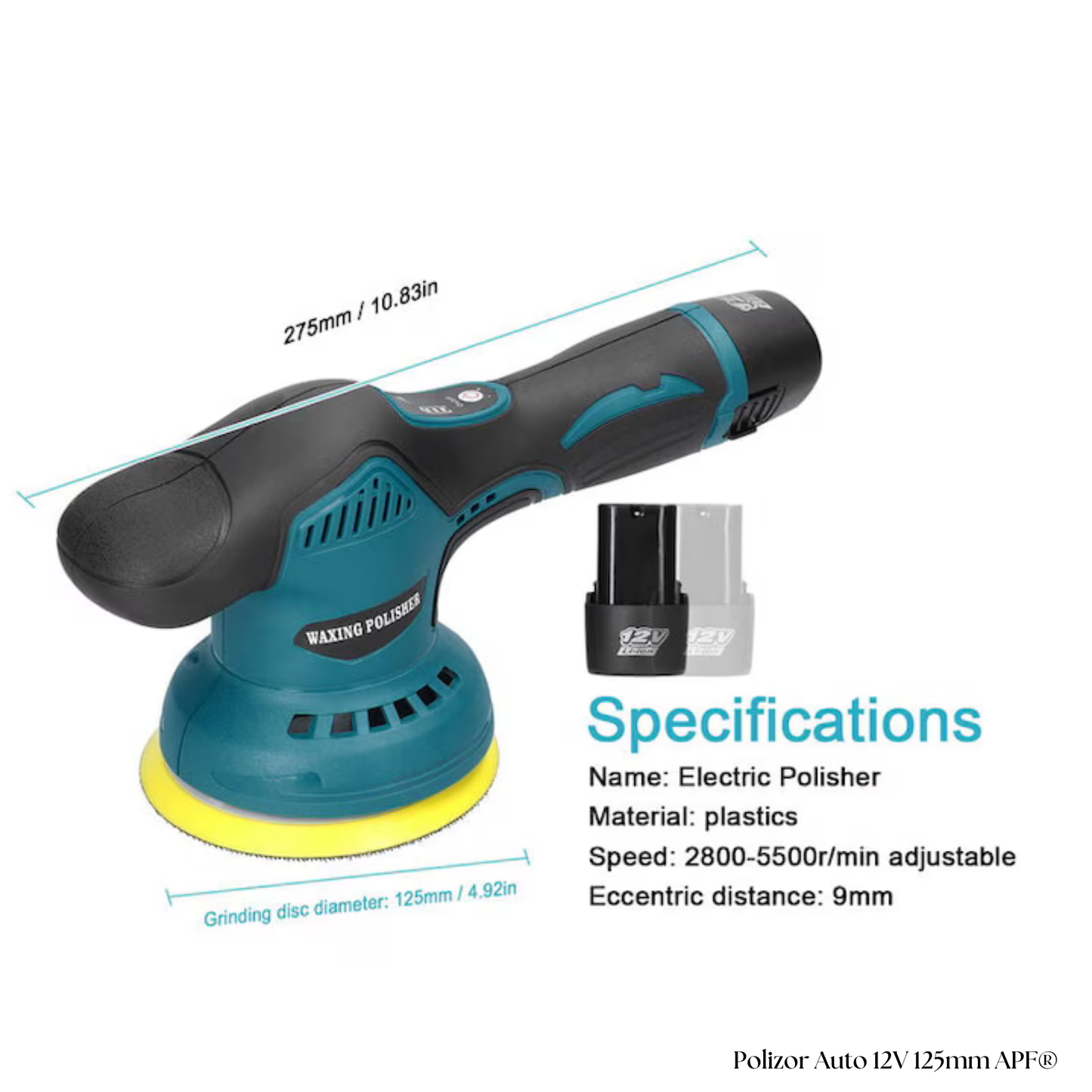 Mașină de Polisat cu Excentric APF® 12V, 125mm, 8 Trepte Viteză, 2 Baterii, Kit Complet