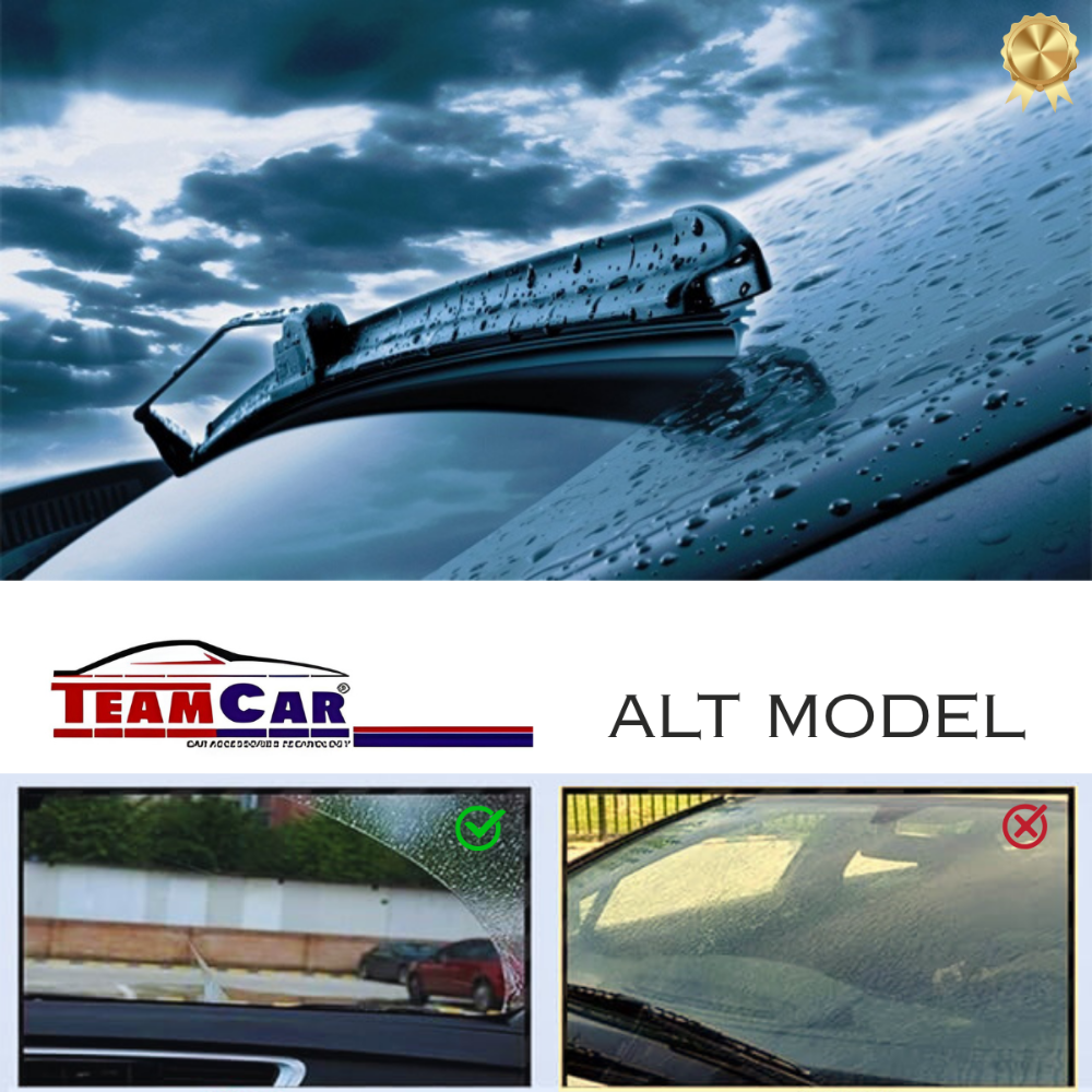 Car windshield with wiper, TeamCar logo, and two smaller images showing different views of a car.