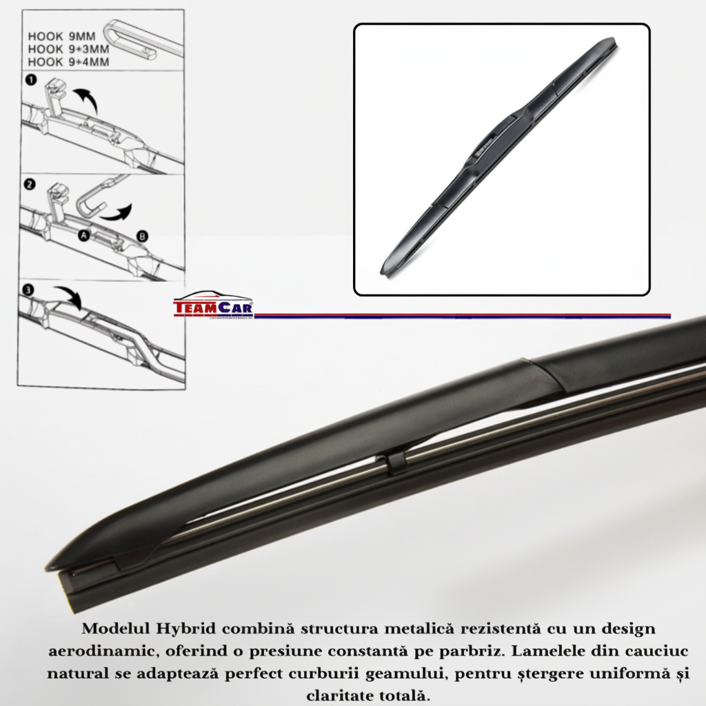 Car wiper blade with hybrid design and Team Car logo on a white background