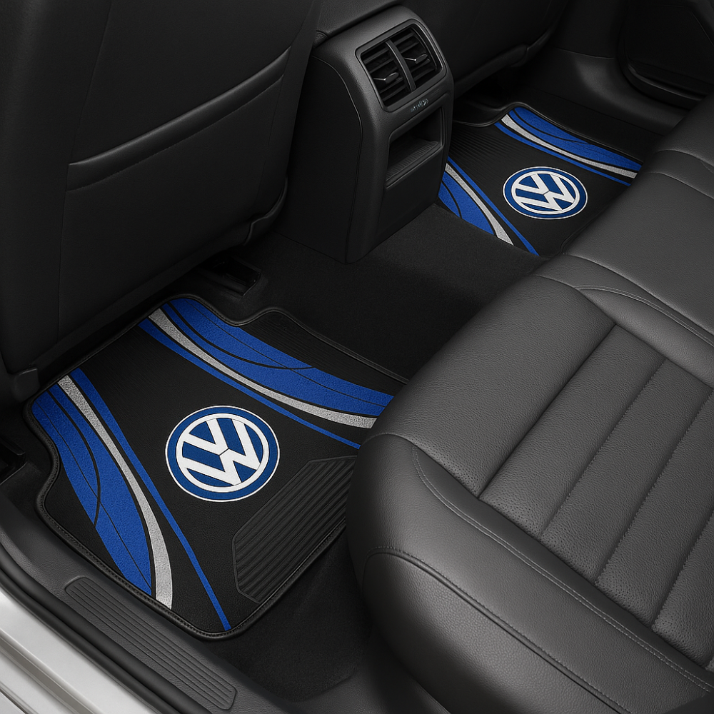 Set 4 Covorașe Auto Universale – Design Volkswagen Albastru/Negru – Aftermarket