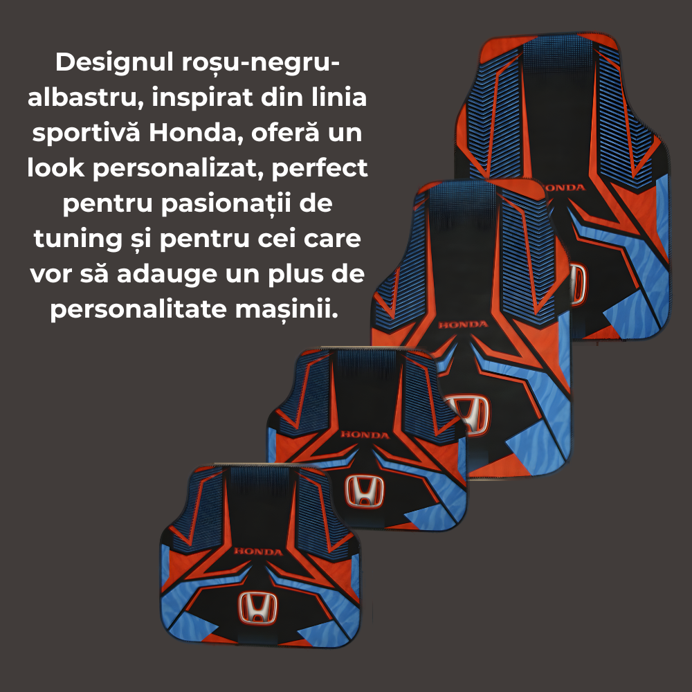 Set complet covorașe auto universale Honda – Față și spate – Design sport roșu-negru-albastru