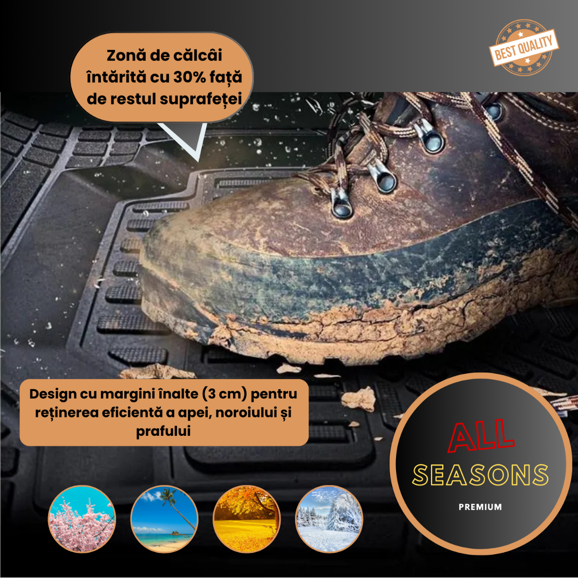 Brown boot on a black textured surface with text and branding elements.