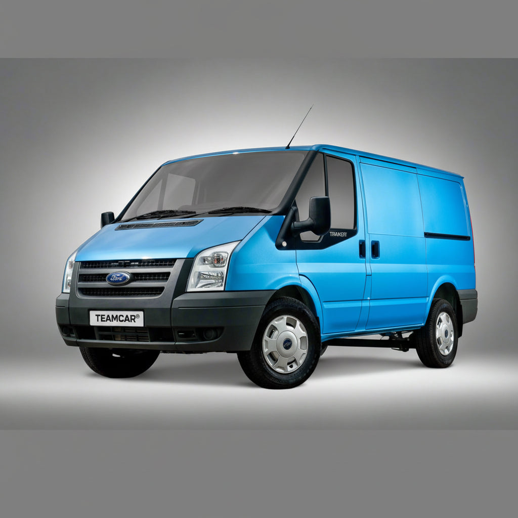 Blue Ford van on a gray background