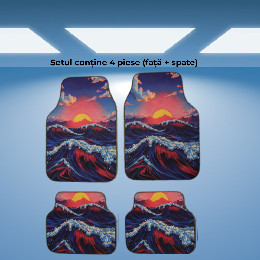 Set covorase auto universale – Design Marin cu Valuri si Apus – 4 Bucati