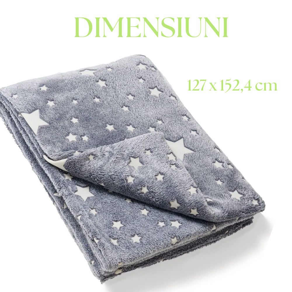 Pătură Luminoasă din Flanel Dublă Față, Strălucire în Întuneric, Moale și Călduroasă, Stele și Lună, 1.2x1.5m