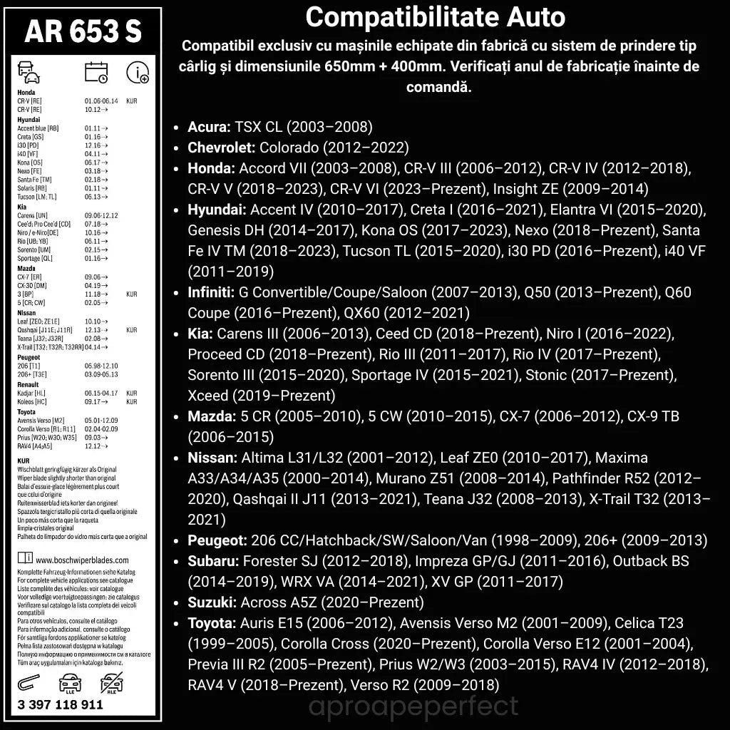 Bosch Aerotwin Retrofit AR653S lista compatibilitati