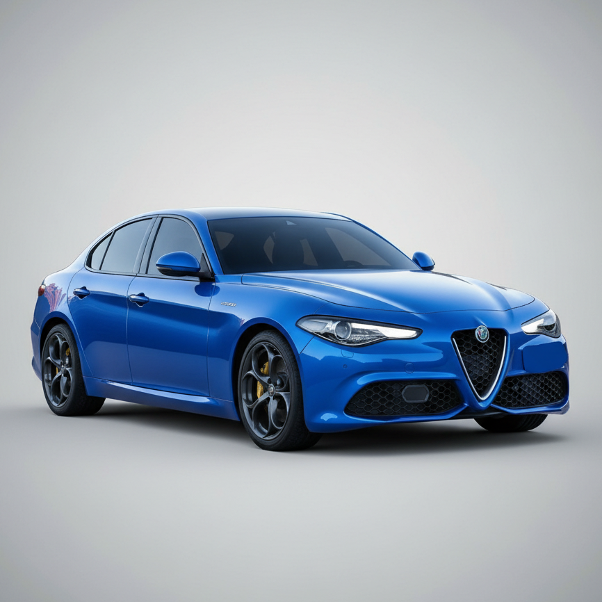 Blue Alfa Romeo car on a gray background