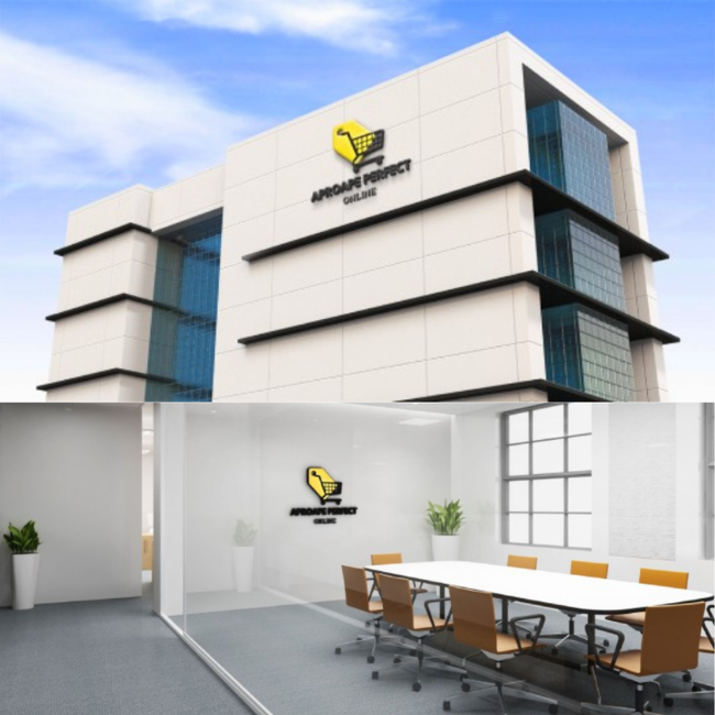 Modern office building with a logo on the facade and an interior conference room.