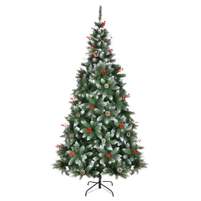 Brad Artificial de Crăciun 1.8m cu Nisip Alb, Conuri, Bace Roșii și Suport Metalic + Bec RGB Rotativ Cadou