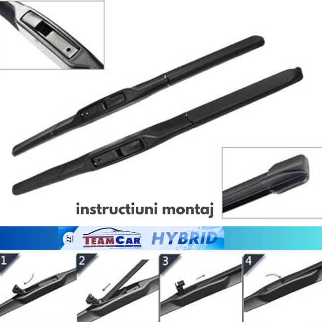 Car wiper blades with installation instructions and TeamCar Hybrid branding.