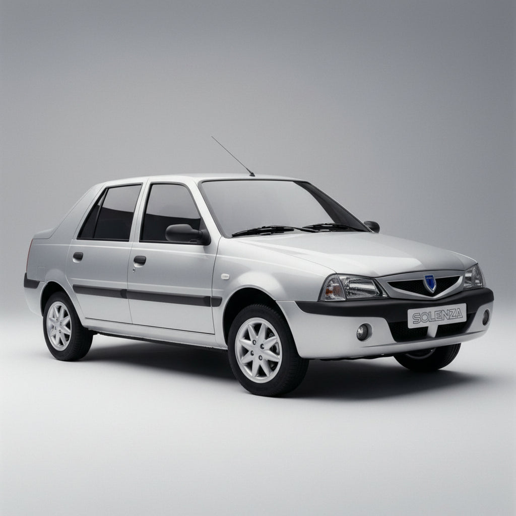 Silver car with 'solenza' branding on a blue background