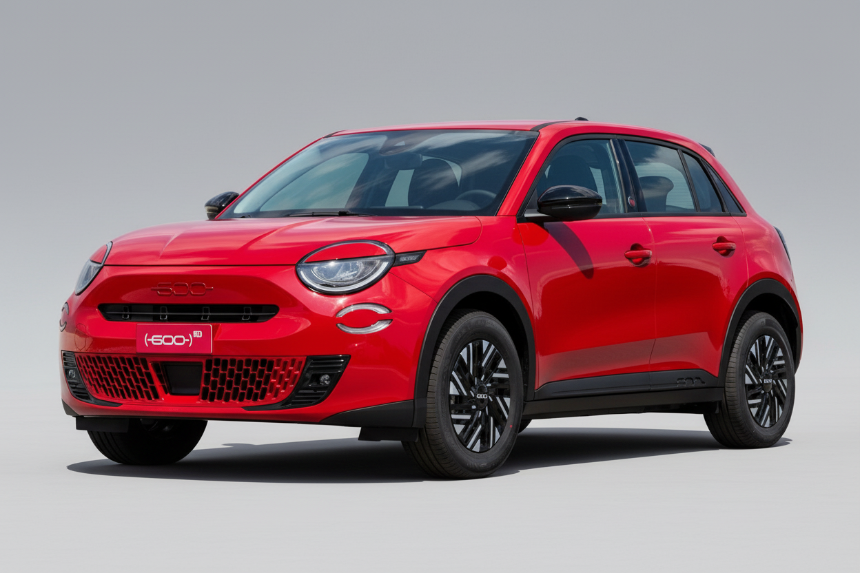 Red Fiat 600 (e, 365,364) 2023+ on a gray background
