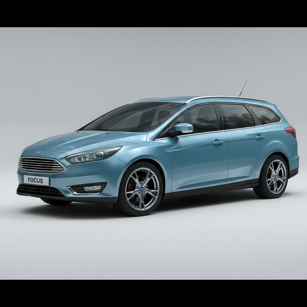 Blue Ford Focus car on a gray background