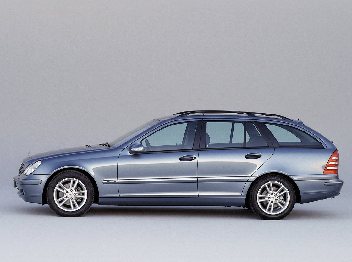 Side view of a blue Mercedes-Benz car on a gray background