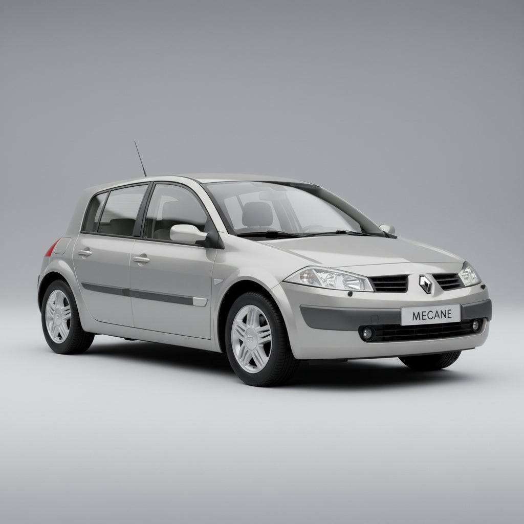 Silver Renault Megane II Hatchback 5 usi (2002–2005) car on a gray background