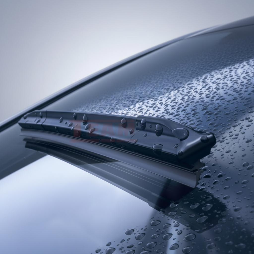Car wiper blades on a wet surface with visible brand logo.