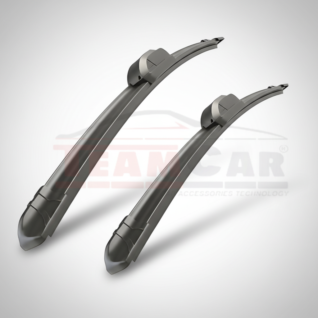 Two car wiper blades on a white background with a brand logo.