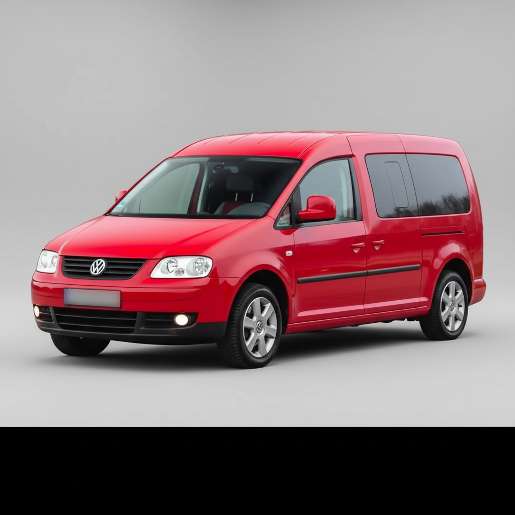 Red Volkswagen Caddy III Maxi Kombi LWB (2004–2007) van on a white background