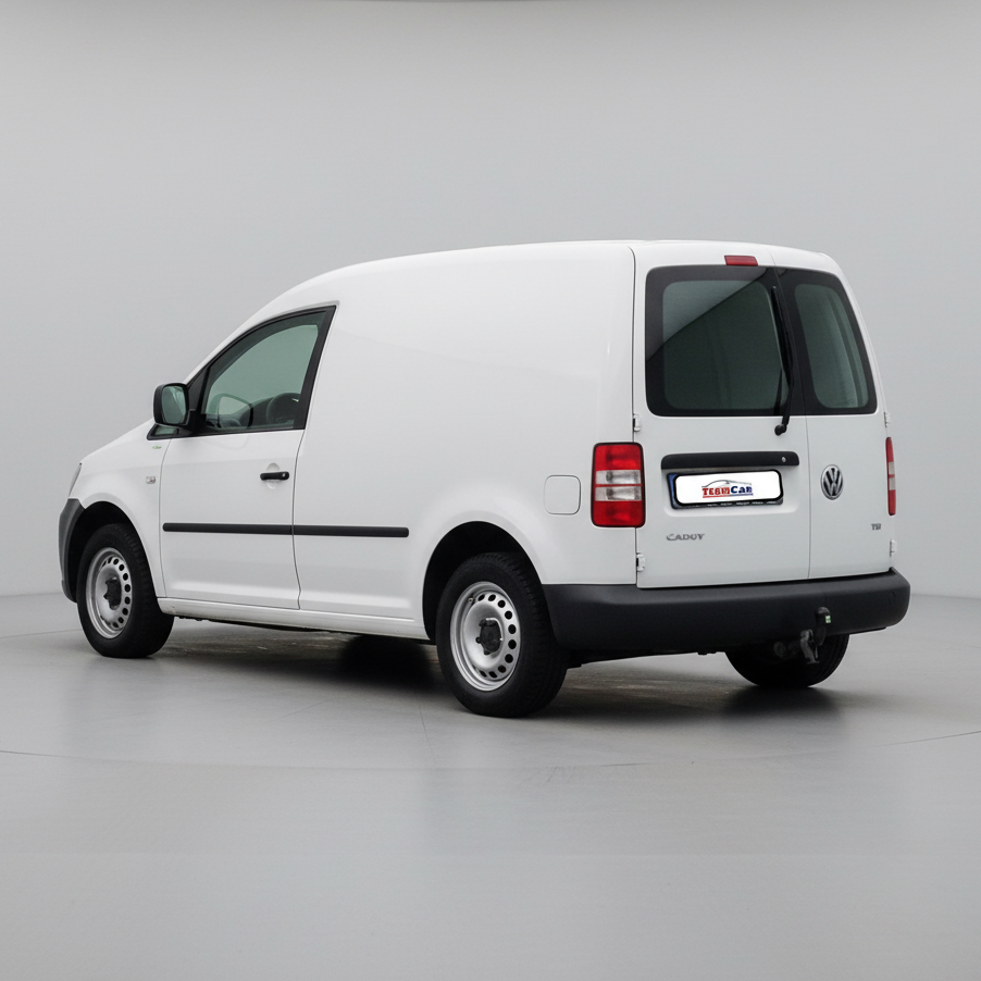 White Volkswagen Caddy III Panel Van vitrat 2010–2015 on a gray background