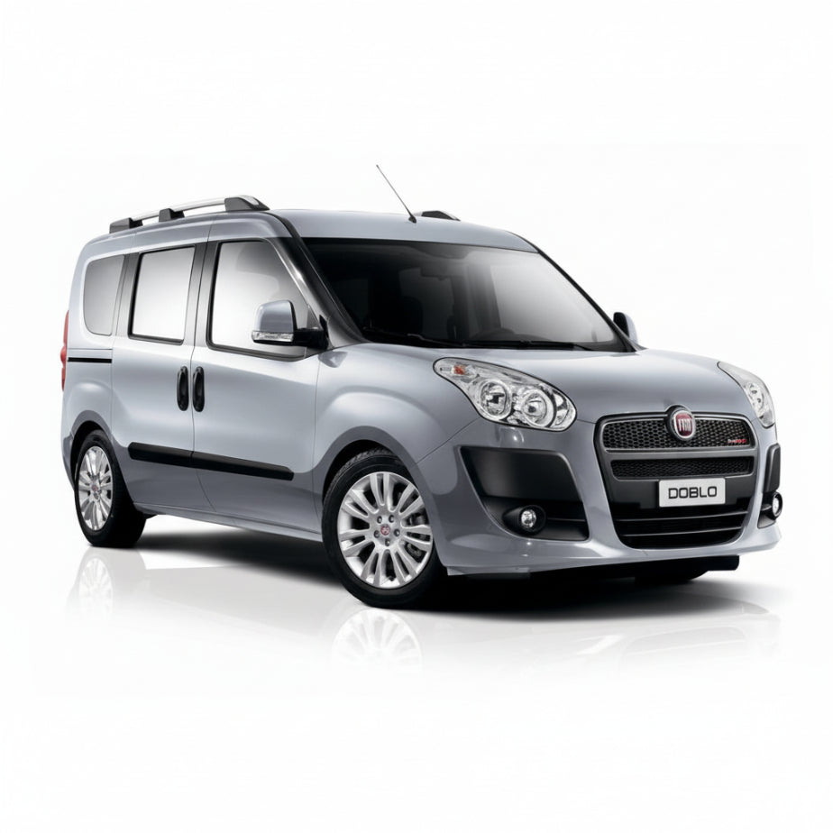 Silver Fiat Doblo van on a white background