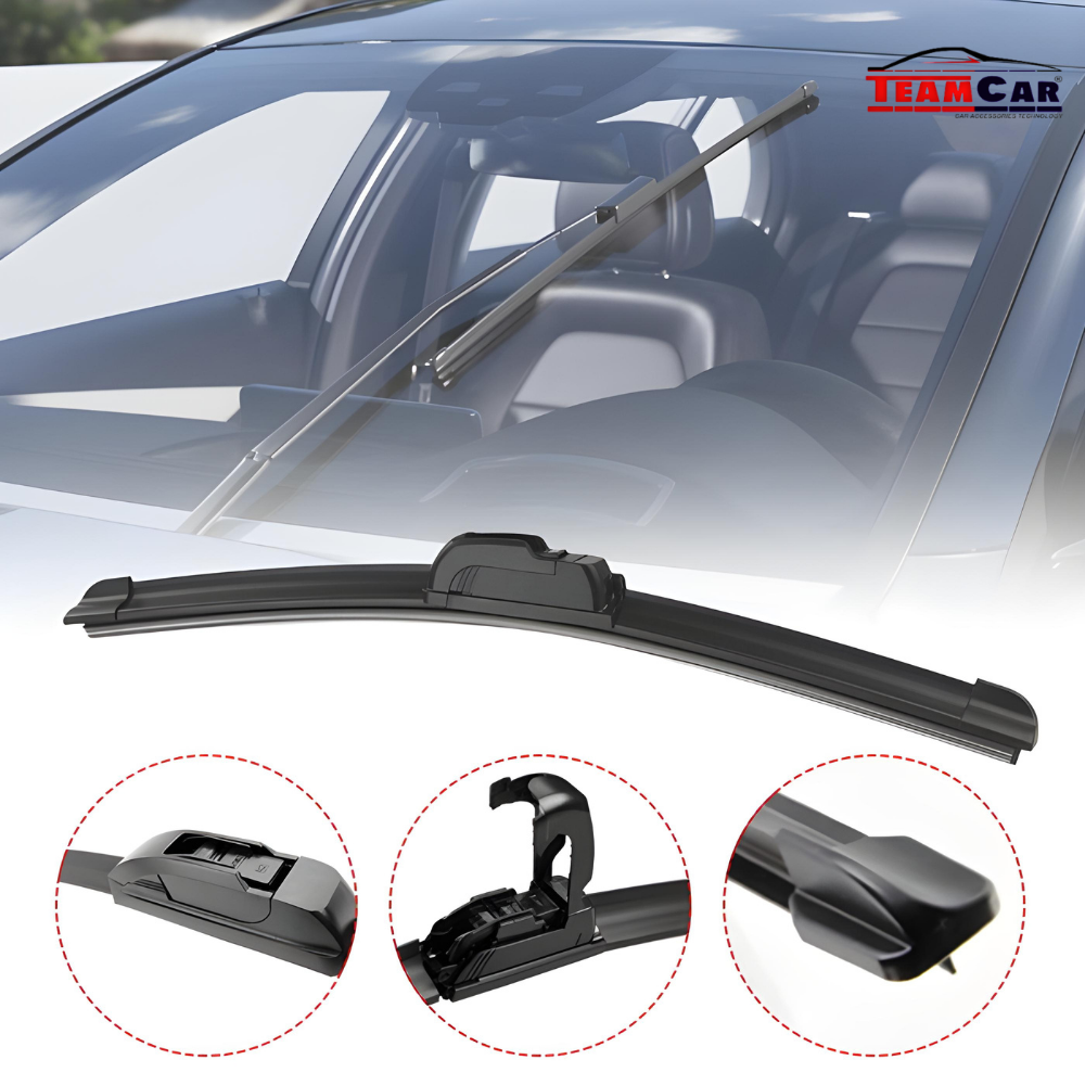 Car windshield wiper with close-up details on a white background, featuring 'Team Car' branding.