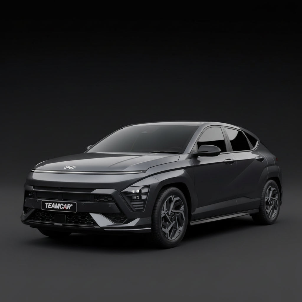 Black Kona SUV with 'TEAMCAR' branding on a dark background