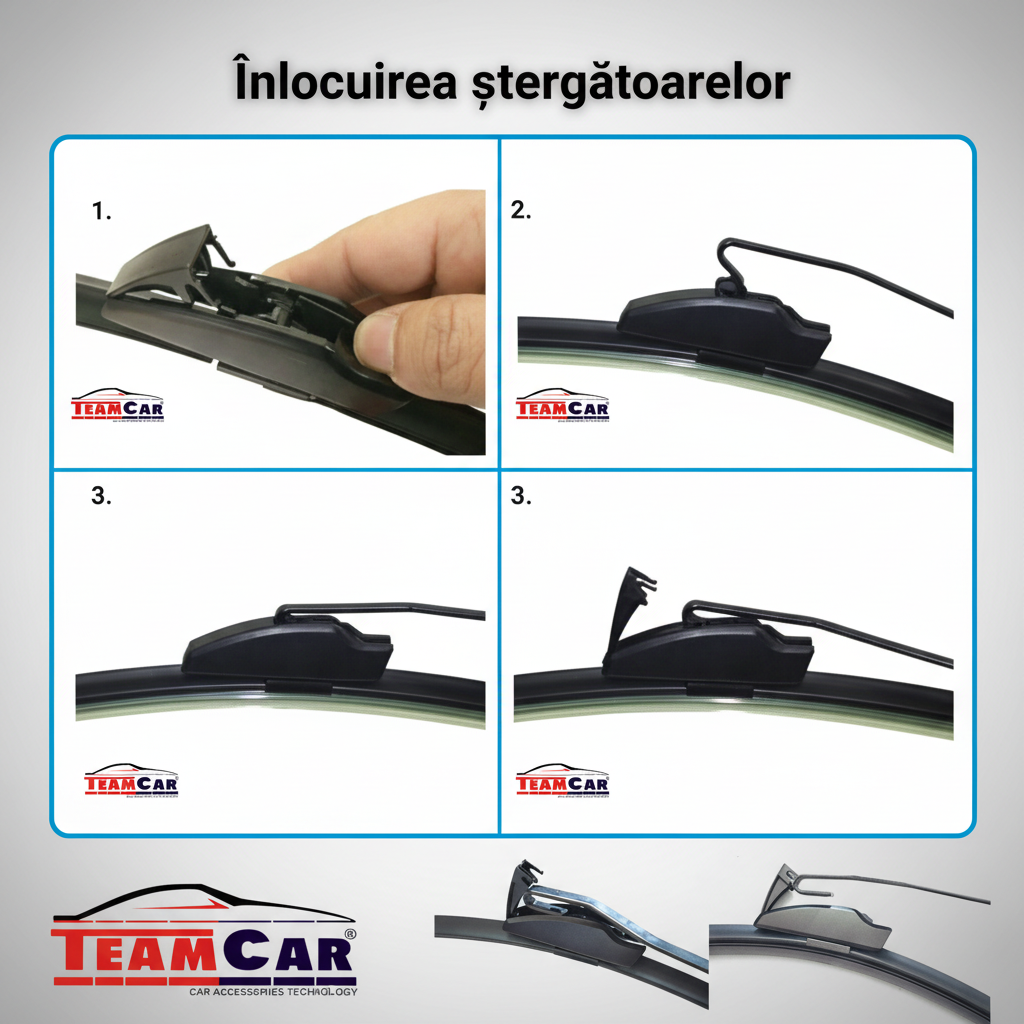 Step-by-step guide on how to replace car wipers with TeamCar branding.