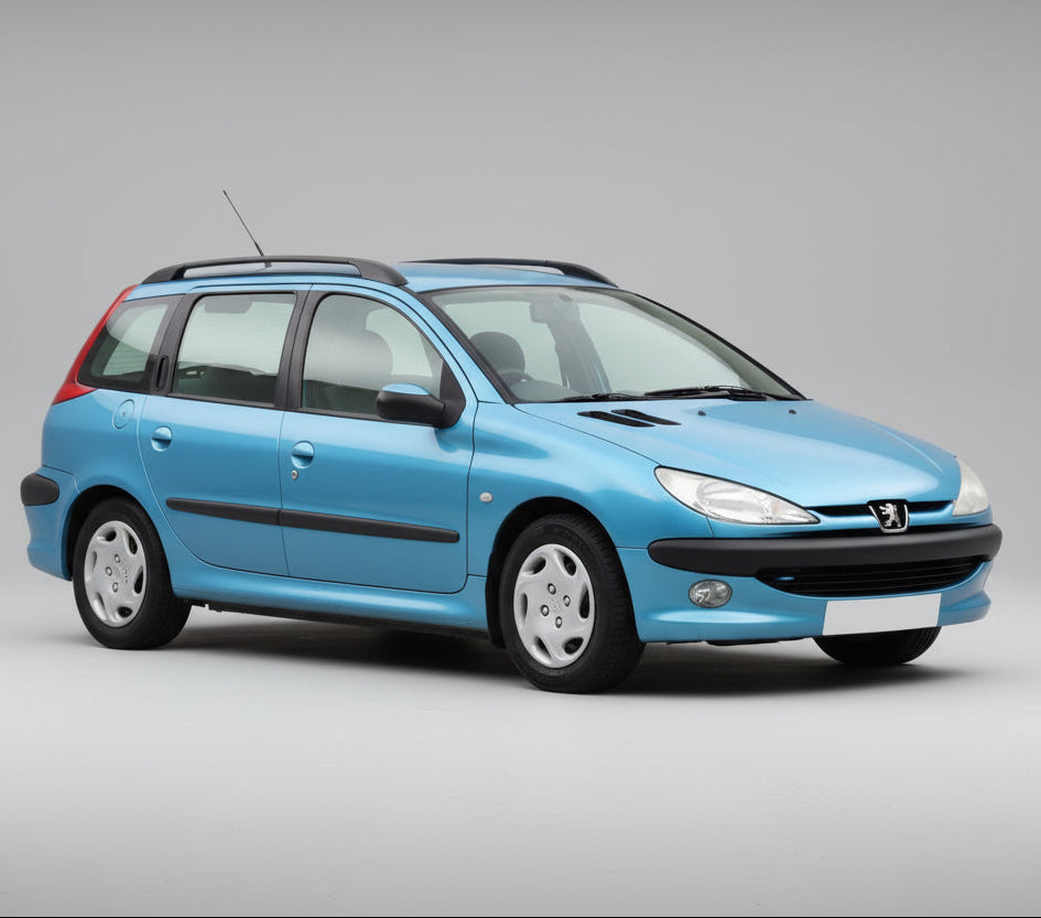 Blue Peugeot car on a gray background