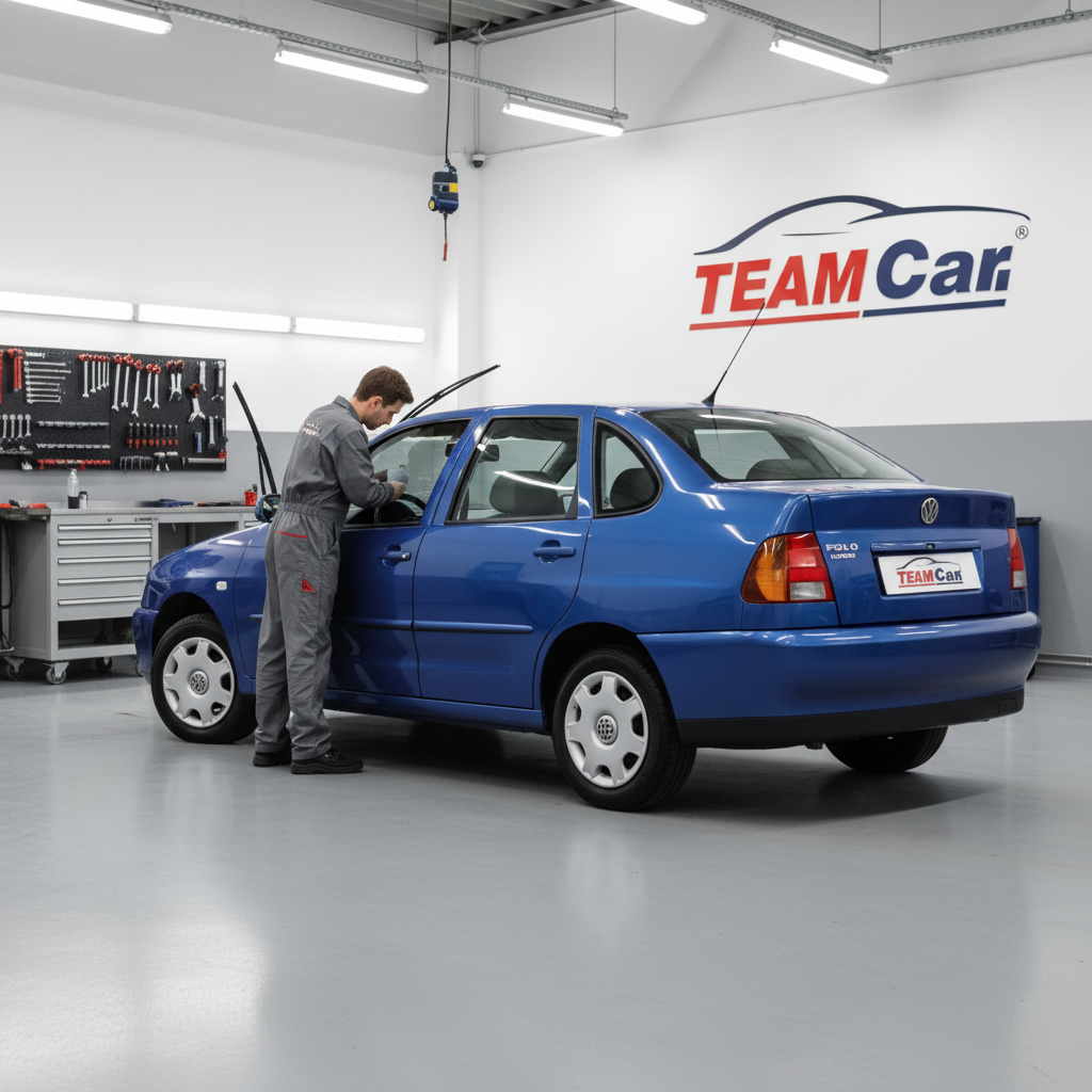 Kék VW POLO autó fehér alapon 'TeamCar' logóval.