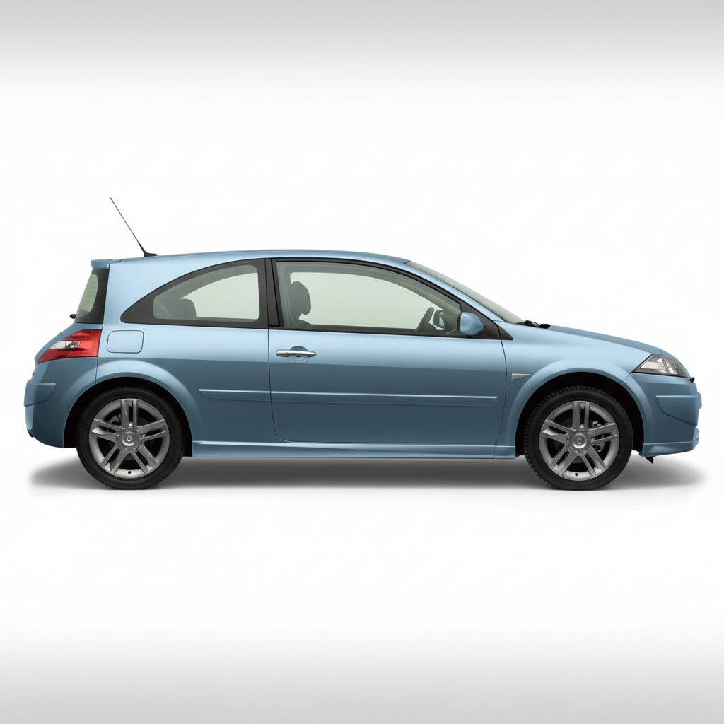 Side view of a blue Renault Megane II Hachback 3 usi (2006–2009) on a white background