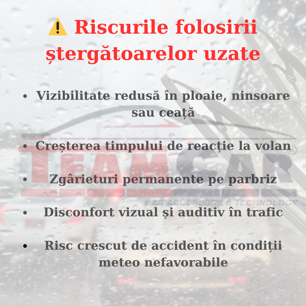 Warning sign about the risks of using old windshield wipers with text in Romanian.