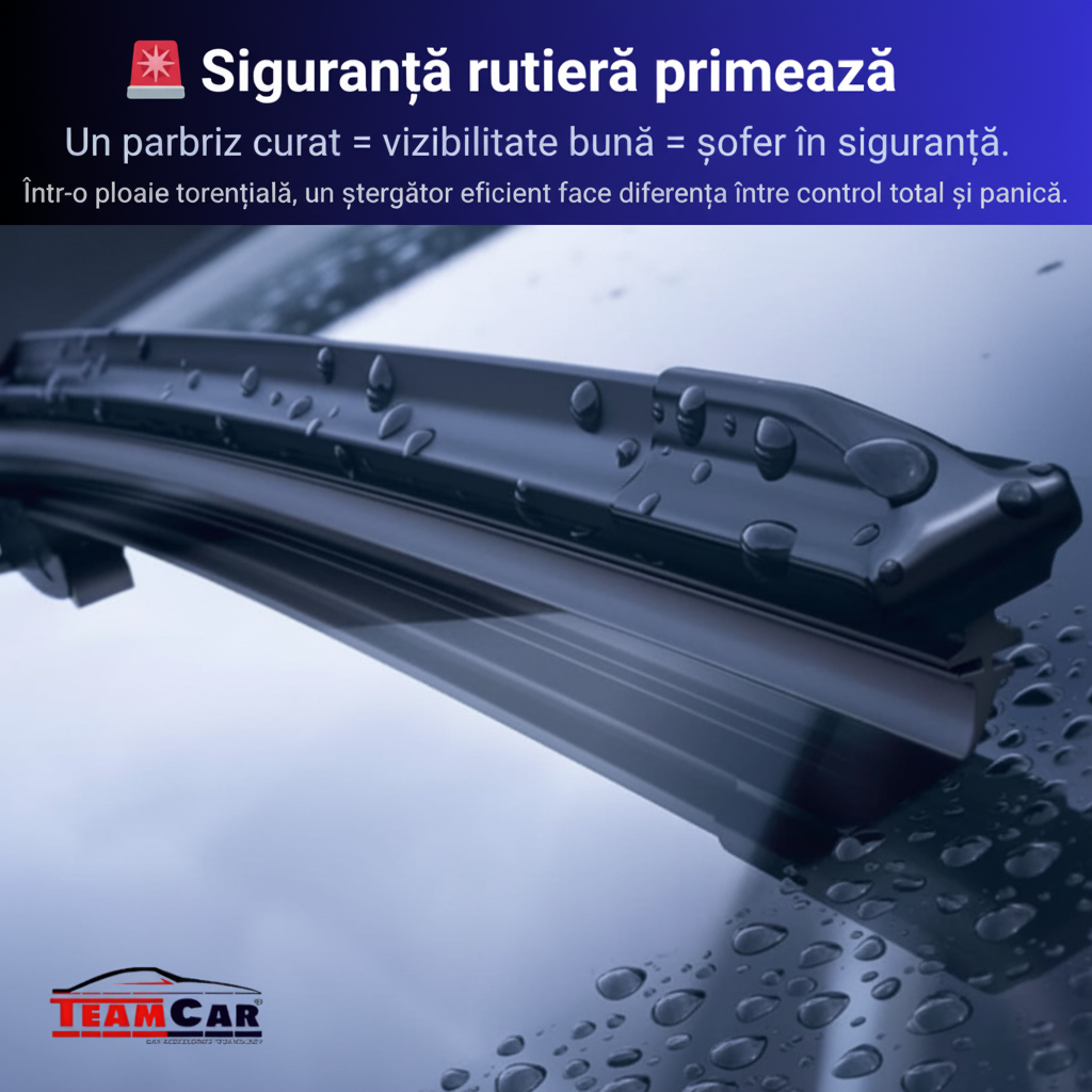 Car windshield wipers with water droplets on a blue background, featuring Team Car branding.