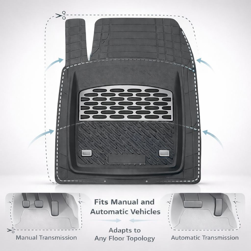Black car floor mat with textured surface and grid pattern on a white background