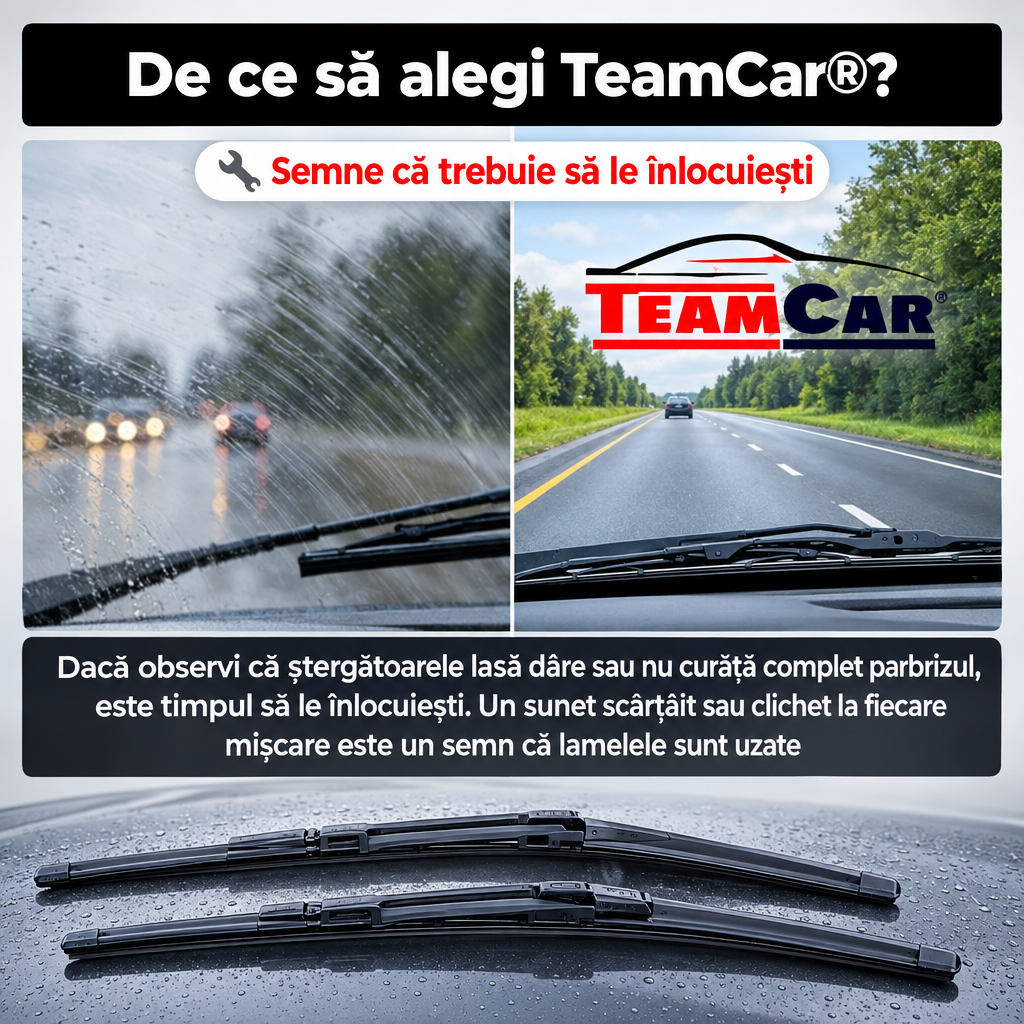 Reklám a TeamCar számára egy autó ablaktörlőjével és útjelenettel.