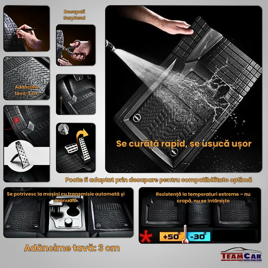 Car mat with cleaning and installation instructions on a gray background