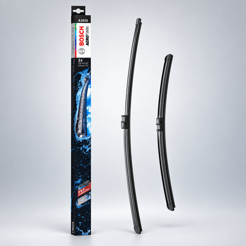 Ambalaj Bosch Aerotwin A103S alături de două lamele de 750 și 530 mm
