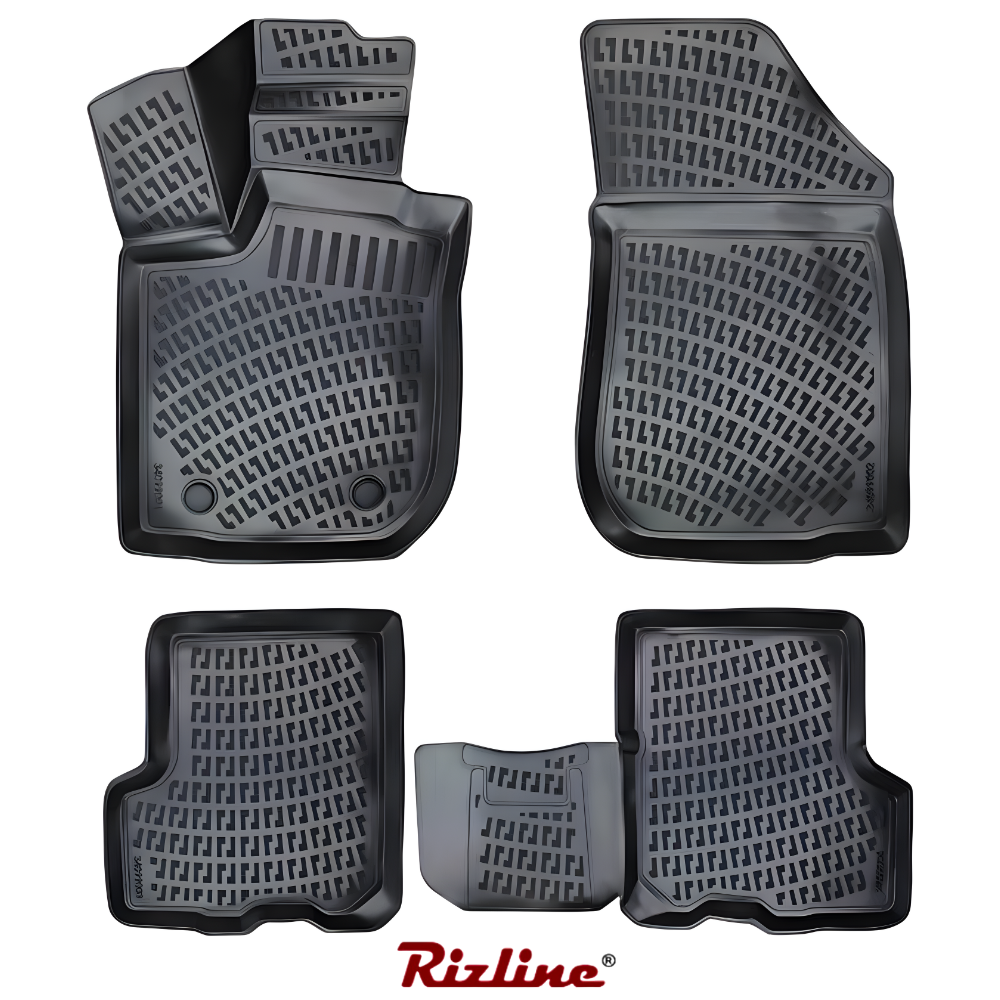 Set de covorașe auto negre cu logo-ul Rizline pe fundal alb