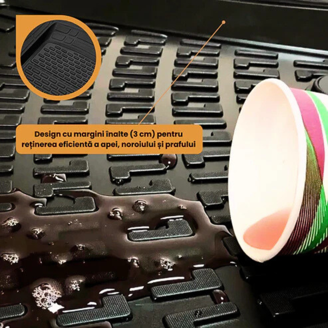 Covoraș auto cu găuri de drenaj testat cu o cană de apă