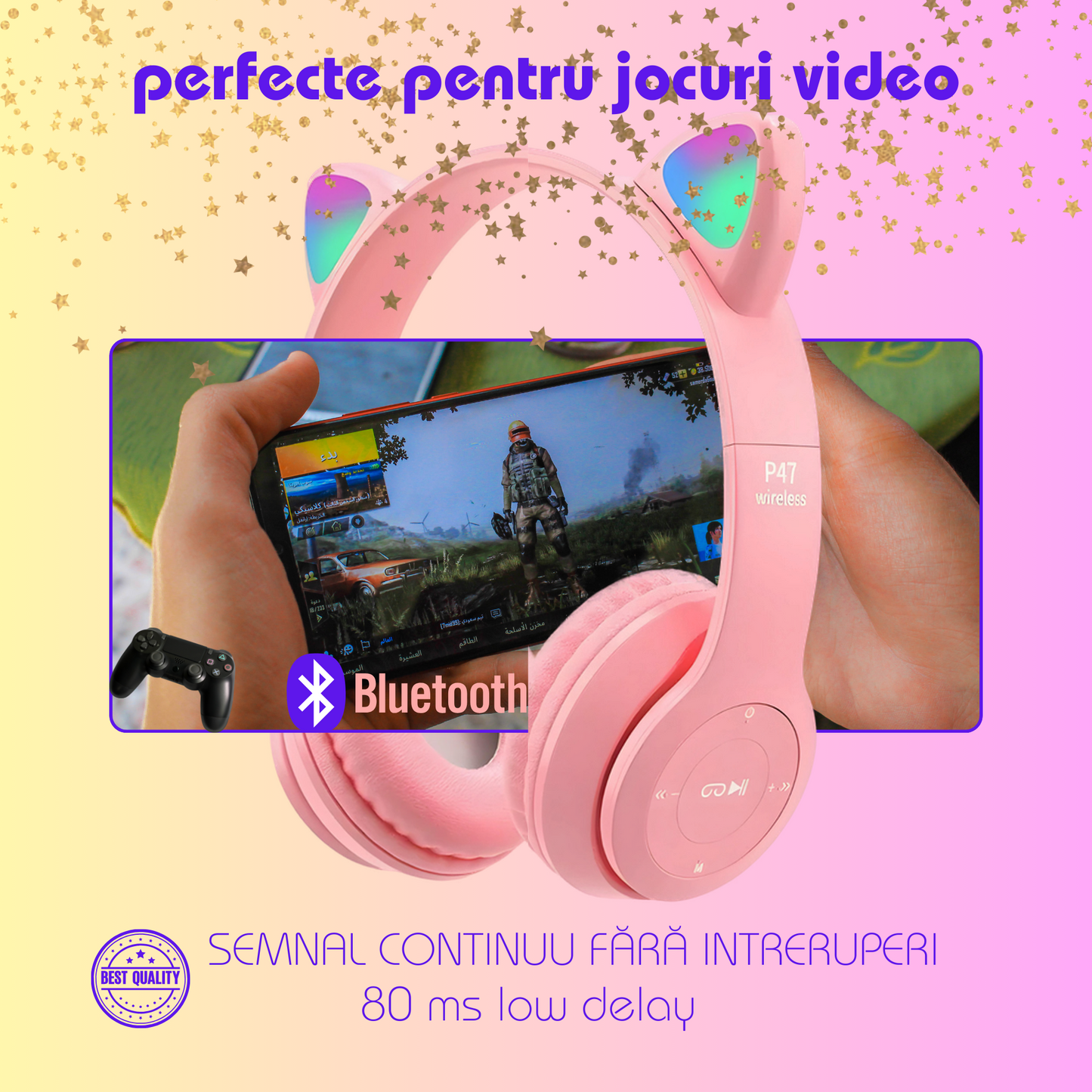 Căști Wireless cu Formă de Urechi de Pisică și Lumină Sclipitoare,Sunet Stereo Bass pentru Copii și Adulți