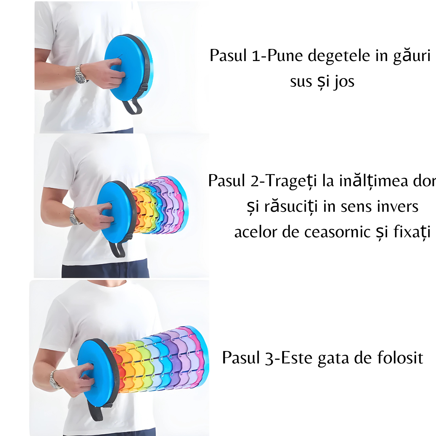 pași pentru montare scaun pliant-1-pune degetele in găuri sus și jos,2-trageți la inălțimea dorită și răsuciți in sens invers acelor de ceasornic și fixați,3-pasul 3-scaunul este gata de folosit!