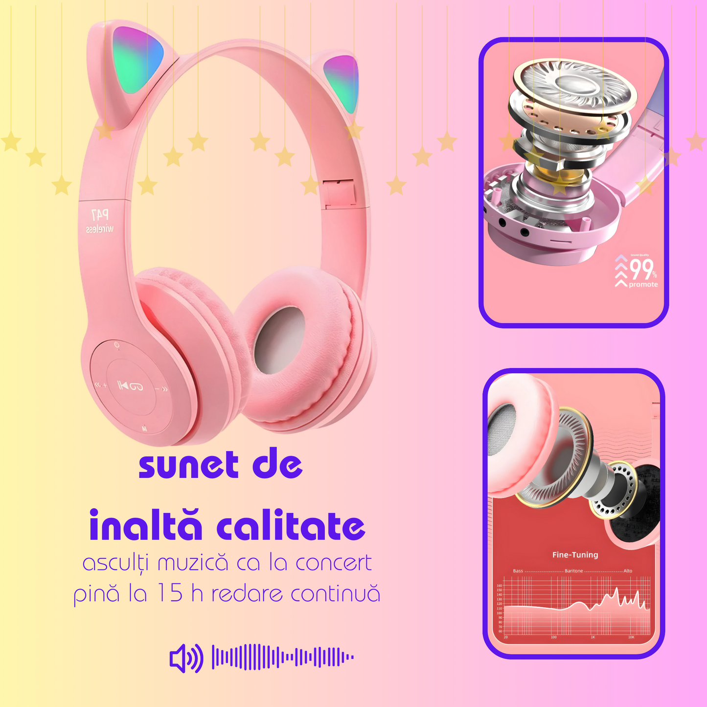 Căști Wireless cu Formă de Urechi de Pisică și Lumină Sclipitoare,Sunet Stereo Bass pentru Copii și Adulți