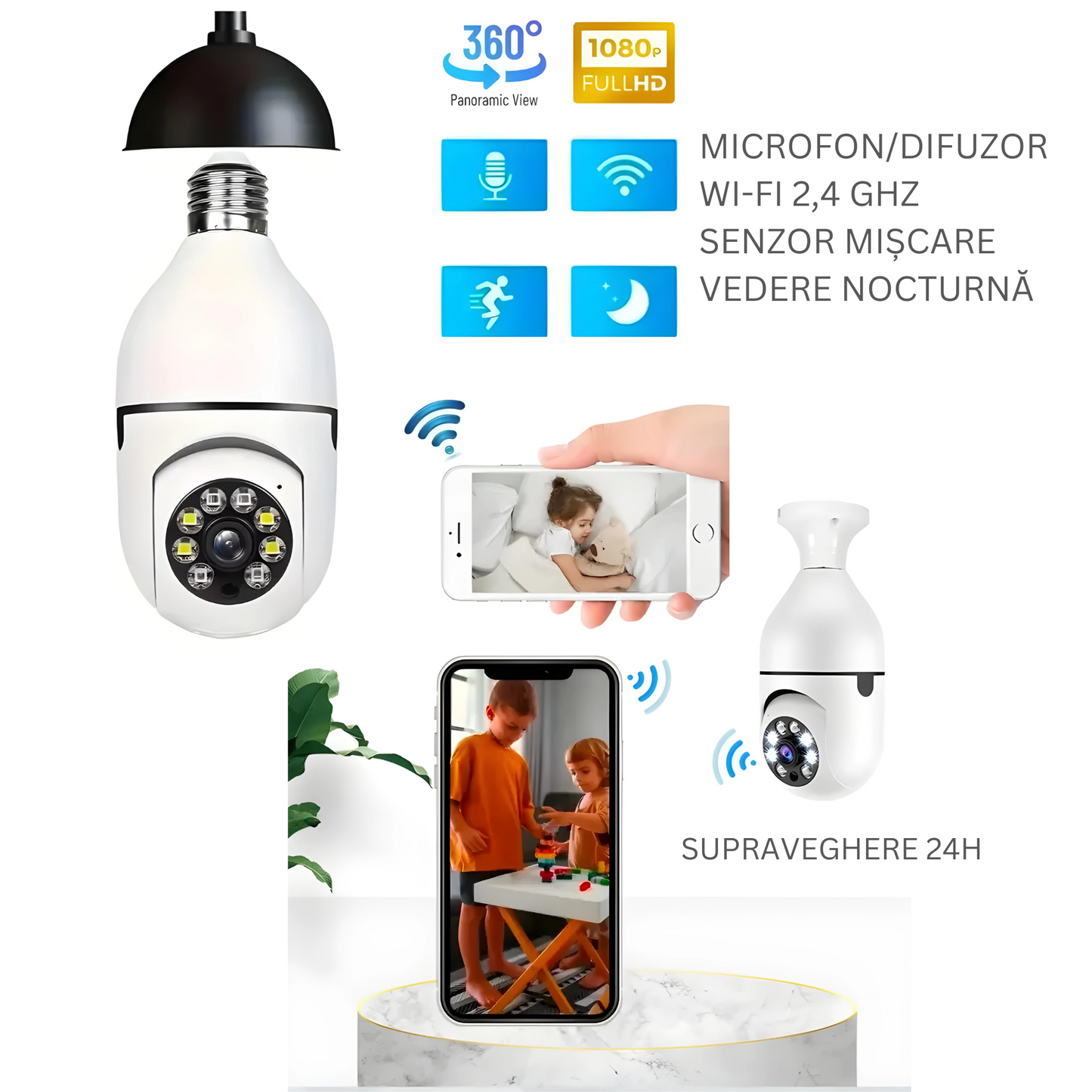 Camera WiFi 2.4G&5G 5MP pentru Exterior, SupraveghereWireless CCTV IP E27, ZoomDigital 4X, Funcție de Urmarire Inteligentă