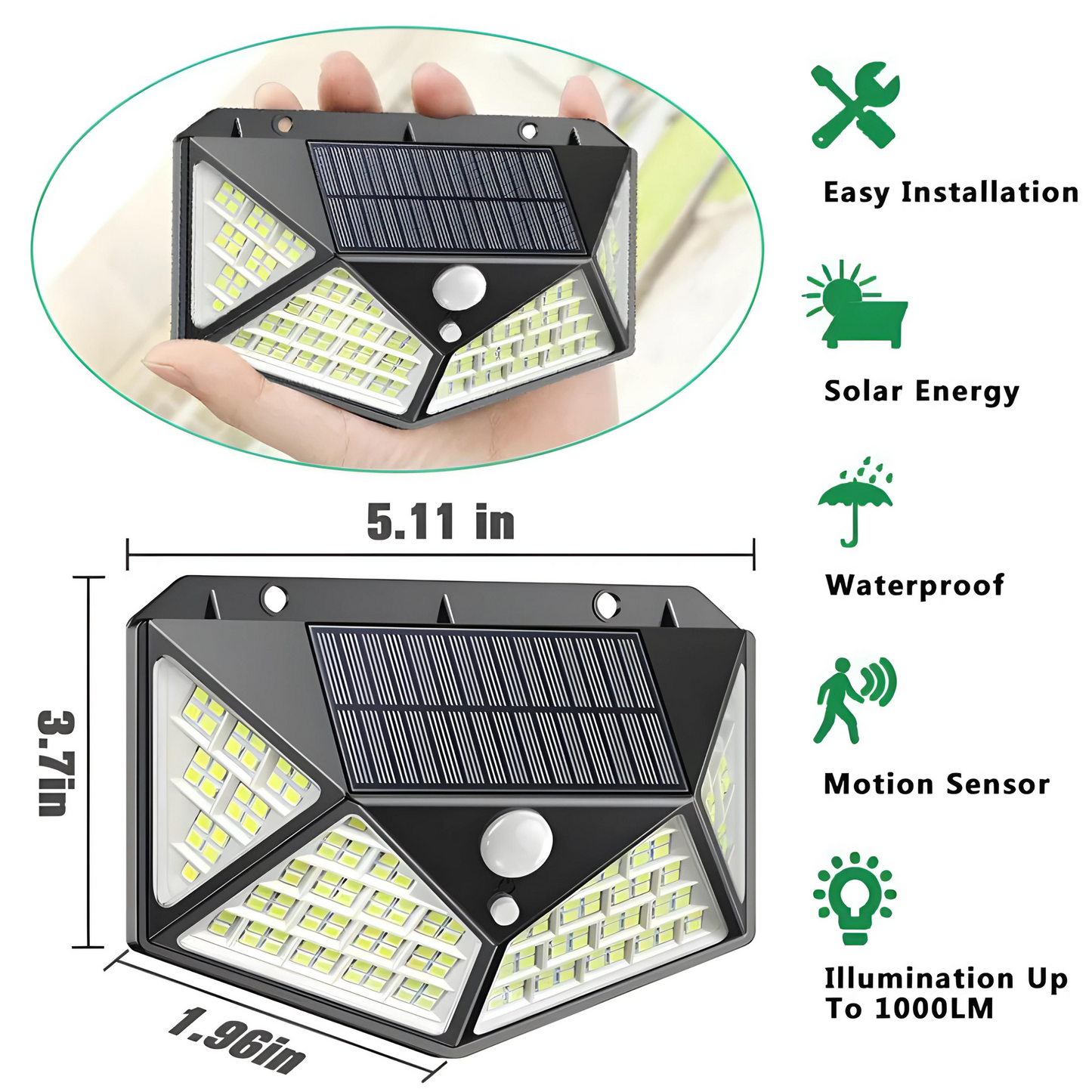 Dimenssions Solar Lamp.easy installation,solar energy,waterproof,motion sensor,illumination up to 1000lm