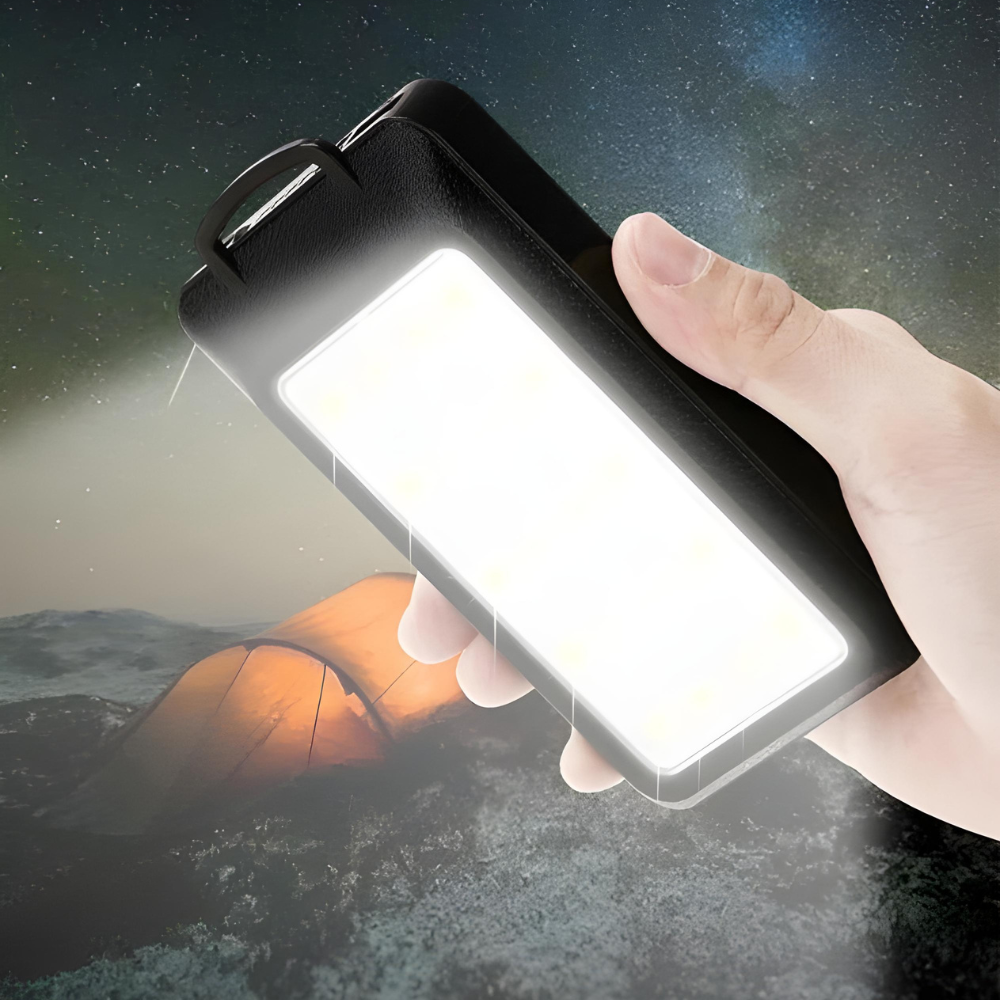 Lanternă Solară Puternică și Rezistentă la Apă cu Power Bank 16800 mAh, Busolă, LED și Încărcare USB pentru Camping