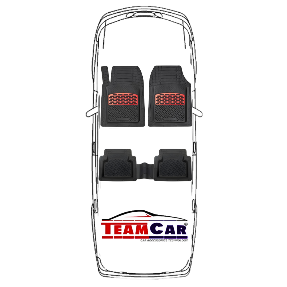 Car floor mats with red accents on a white background, featuring the Team Car logo.