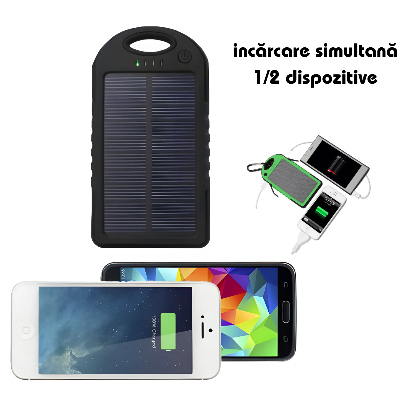 Power Bank Solar 12800 mAh - Încărcător Portabil Outdoor, Impermeabil, USB Dual, Lanterna LED