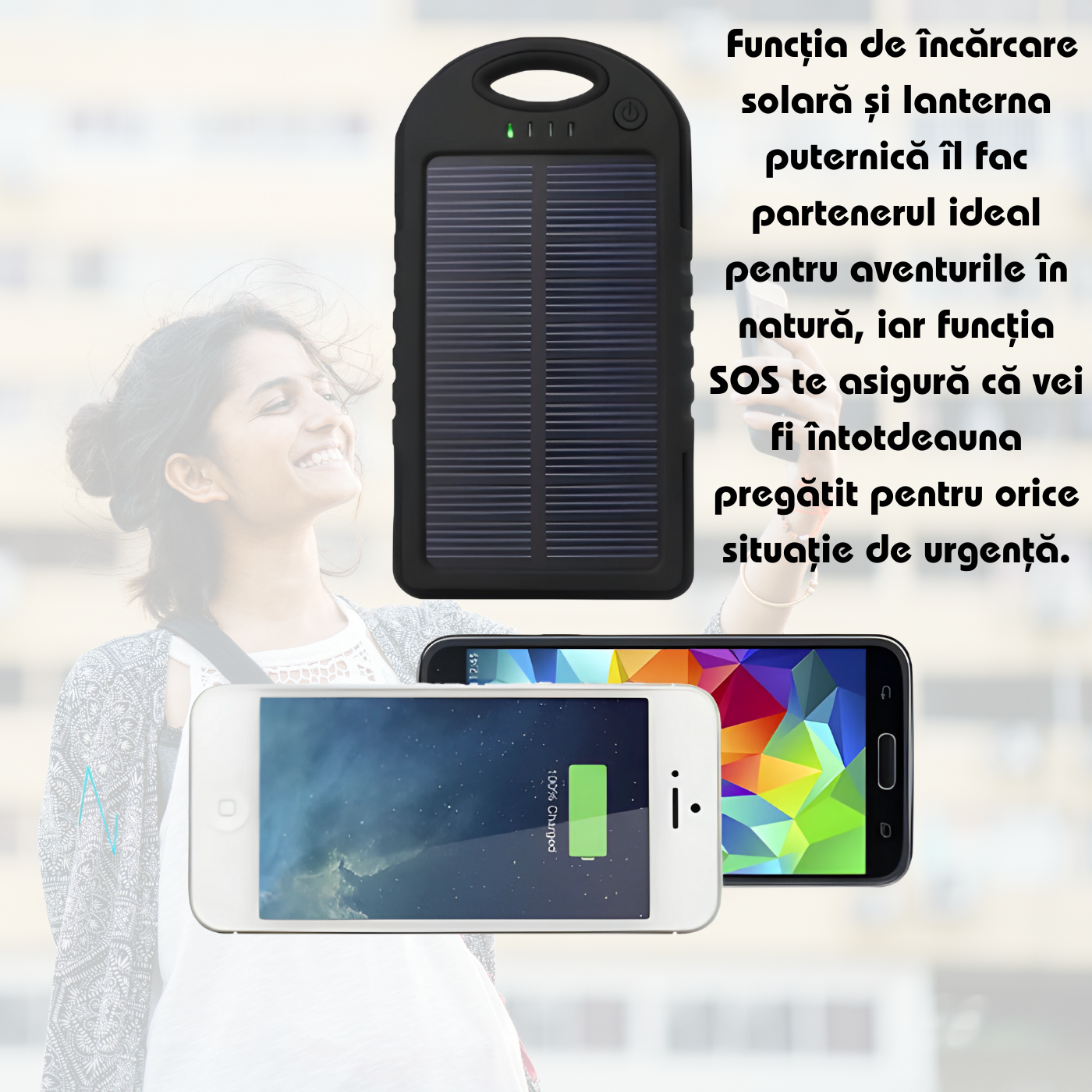 Power Bank Solar cu lanternă,funcție sos,incărcare usb