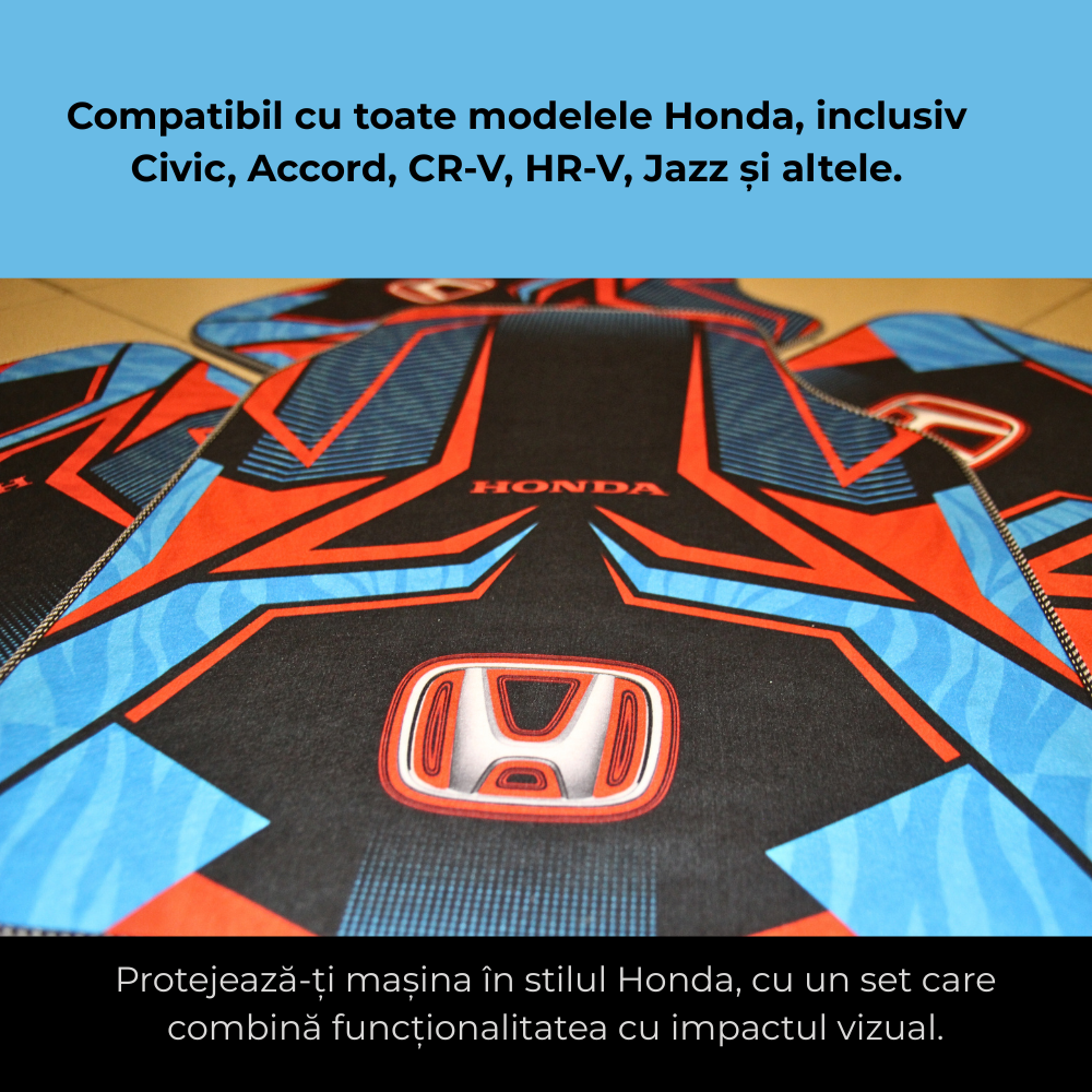Set complet covorașe auto universale Honda – Față și spate – Design sport roșu-negru-albastru