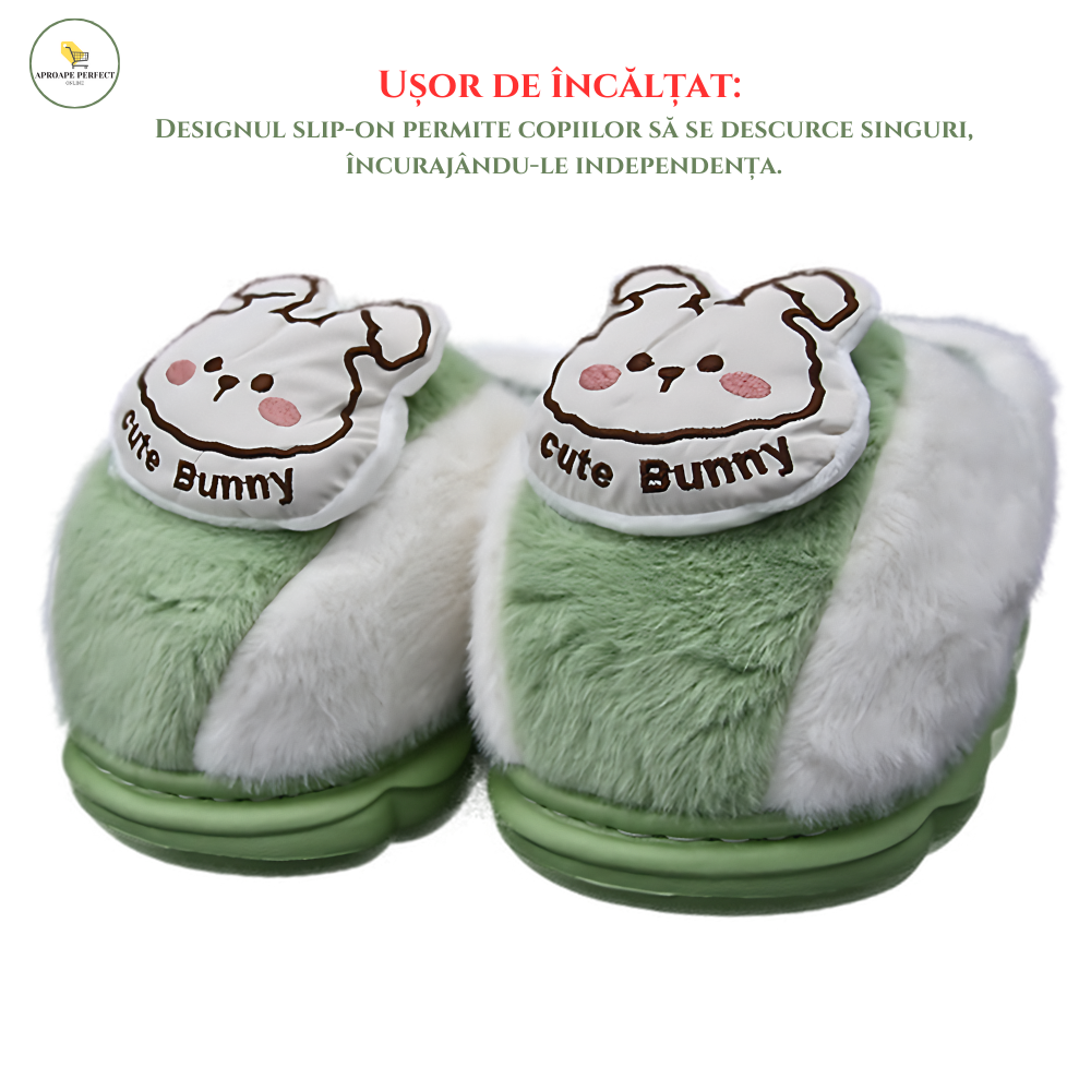 Papuci de Casă Pufosi și Călduroși pentru Copii - Model CuteBear (Verde)